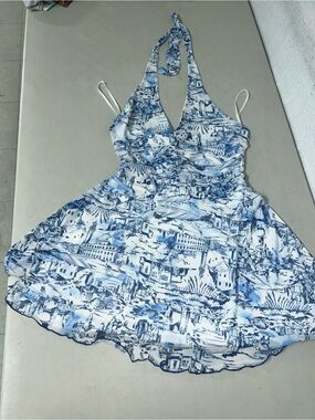 Rainbow Blue and White Halter Skater Dress